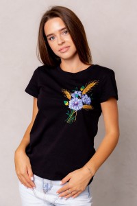 Футболка чорна жіноча з вишивкою Букетик незламності XXL