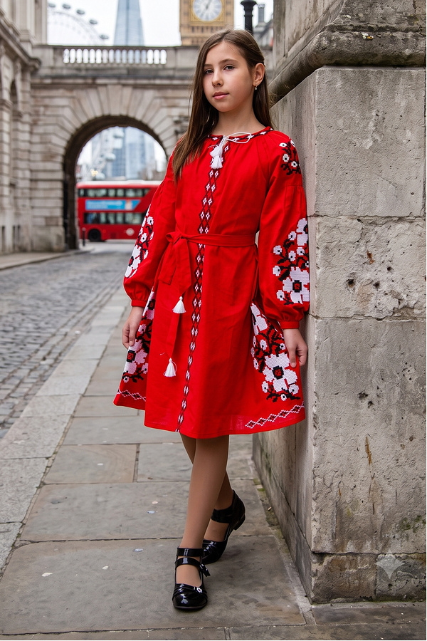 Flowers of Prague red embroidered dress for a girl
