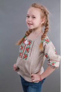 Embroidered shirt for a girl made of beige linen Nadia, 128 см