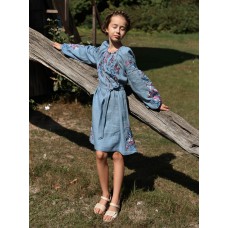 Linen children's embroidered dress with a floral ornament on the long sleeve