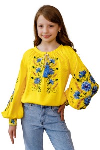 Yellow embroidered shirt for a girl with a blue ornament Vasylinka