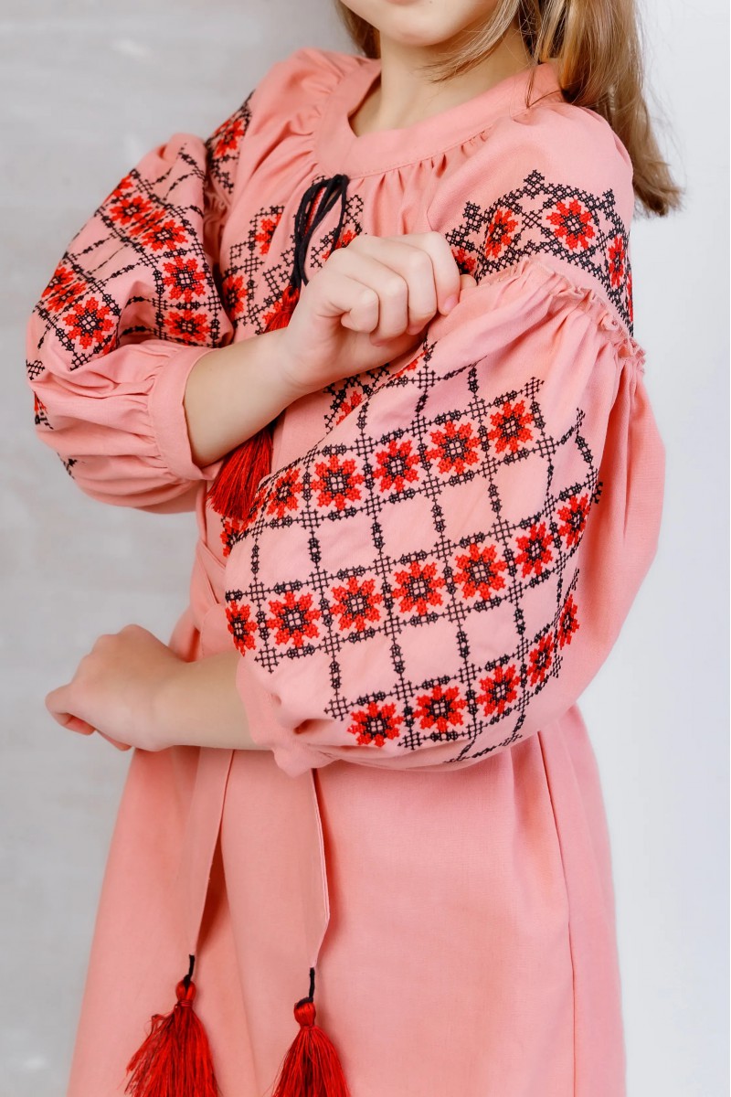 Dress embroidered with a bell pattern for a girl, long, red in color.