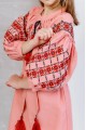 Dress embroidered with a bell pattern for a girl, long, red in color.