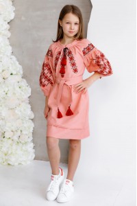 Dress embroidered with a bell pattern for a girl, long, red in color.