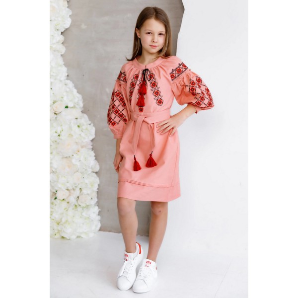 Dress embroidered with a bell pattern for a girl, long, red in color.