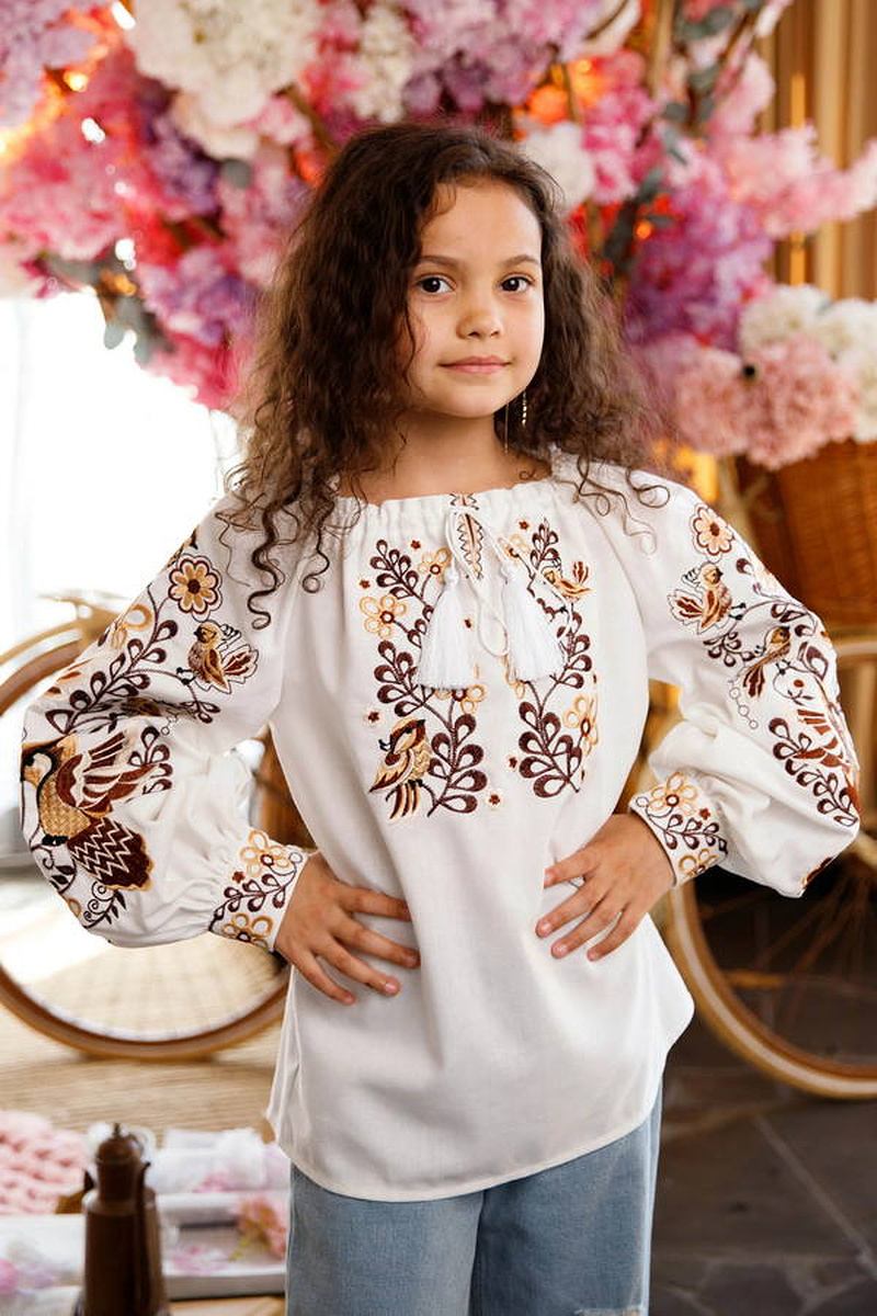 Embroidered shirt for a girl “Vasylysa” in white with brown