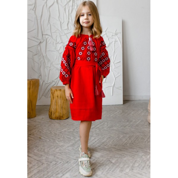 Dress embroidered with a bell pattern for a girl, long, red in color.