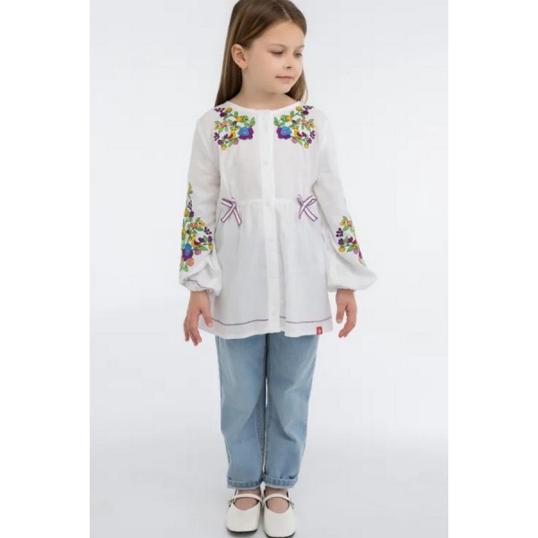 Embroidered tunic for a girl made of white linen Stasia