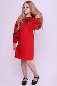 Raspberry color, crimson linen, embroidered dress for a girl