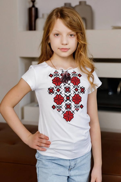 White T-shirt for a girl with embroidery "Floral Rhythm" red