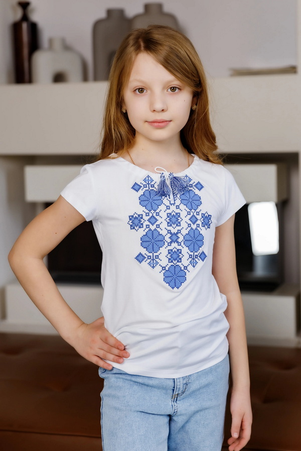 White T-shirt for a girl with embroidery "Floral Rhythm" blue