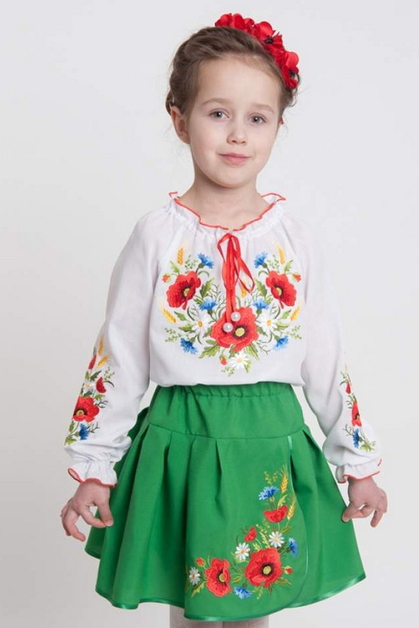 Зелёная юбка для девочки с маками, размер 128