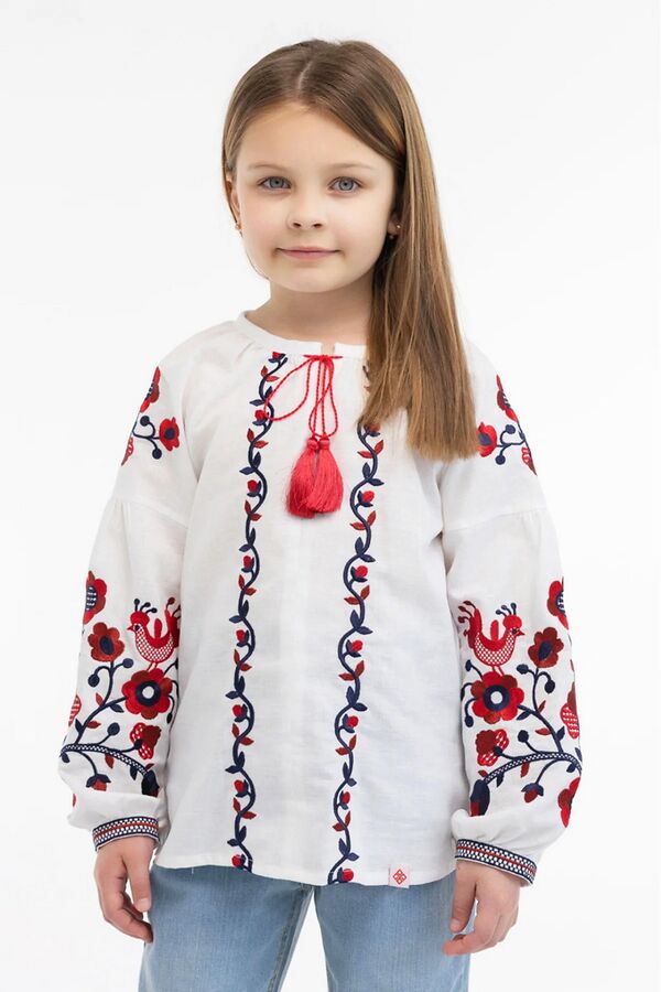 Embroidered shirt for a girl "Ptashka" blue embroidery.