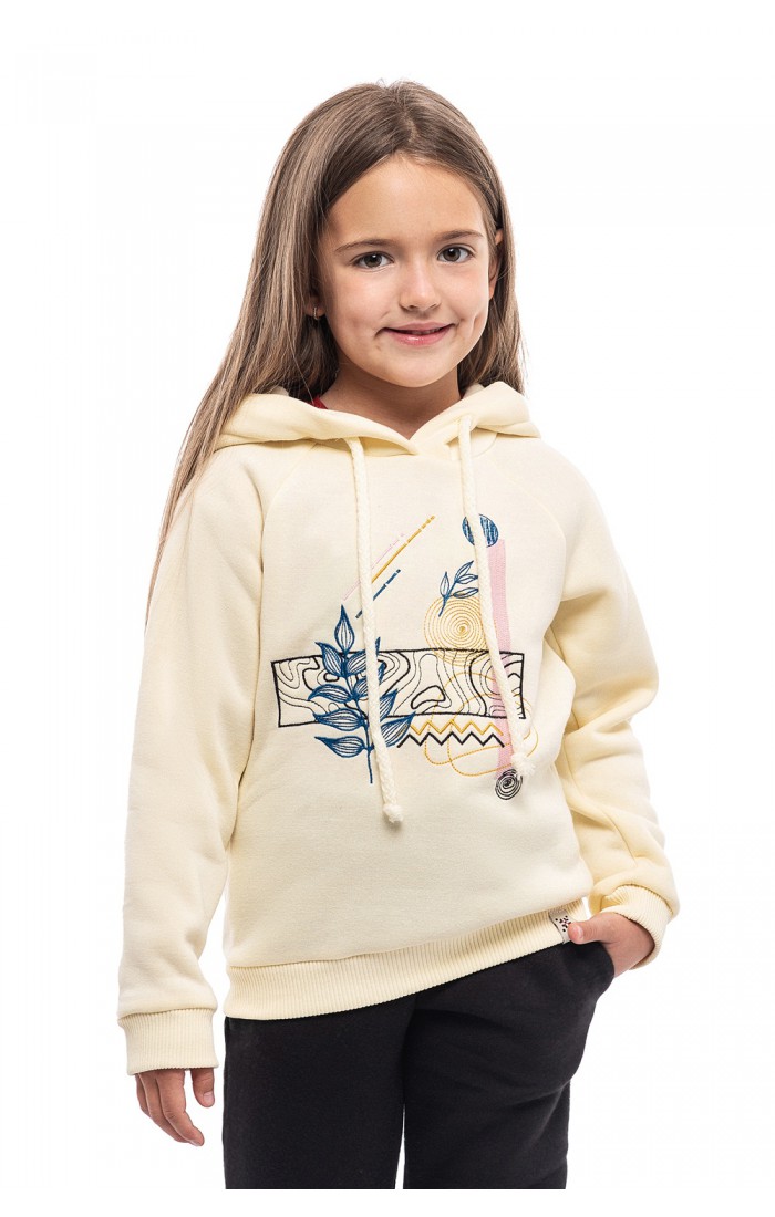 Abstraction, winter sweatshirt for a girl with a hood, decorated with embroidery
