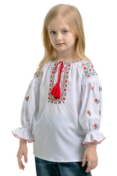 Вишиванка для дівчинки Веселка біла з червоно-зеленим орнаментом