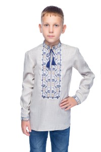 Podolyan, a vyshyvanka for a boy made of gray linen with blue embroidery