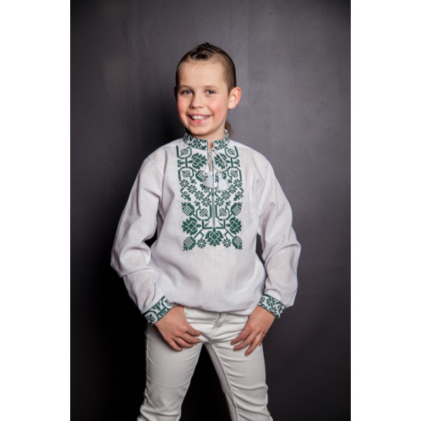 Embroidered shirt for boy Vsevolod, white fabric, green embroidery with bright ornament.