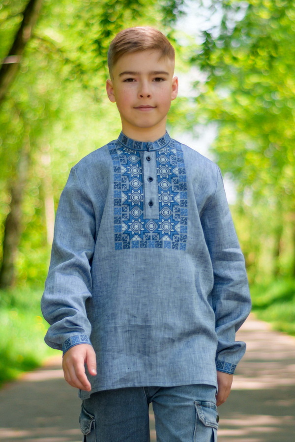 Embroidered shirt for a boy Peruniv Tsvit, denim linen, size 170