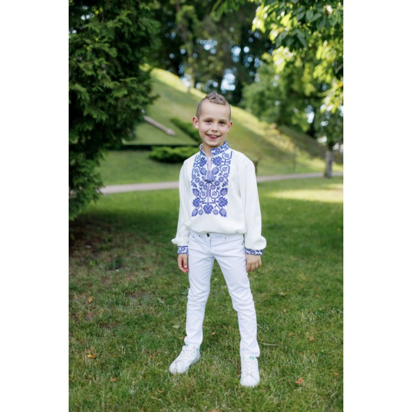 Embroidered shirt for boy Vsevolod, white fabric, blue embroidery with bright ornament.