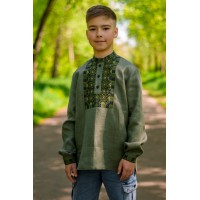 Вишиванка для хлопчика Перунів цвіт, льон хакі