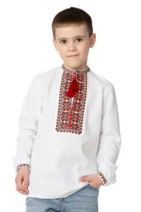 Вышиванка для мальчика Ладомир (белая с красной вышивкой)