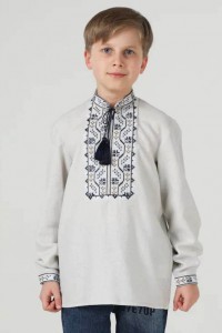 Подолян, вишиванка для хлопчика з сірого льону з синьою вишивкою