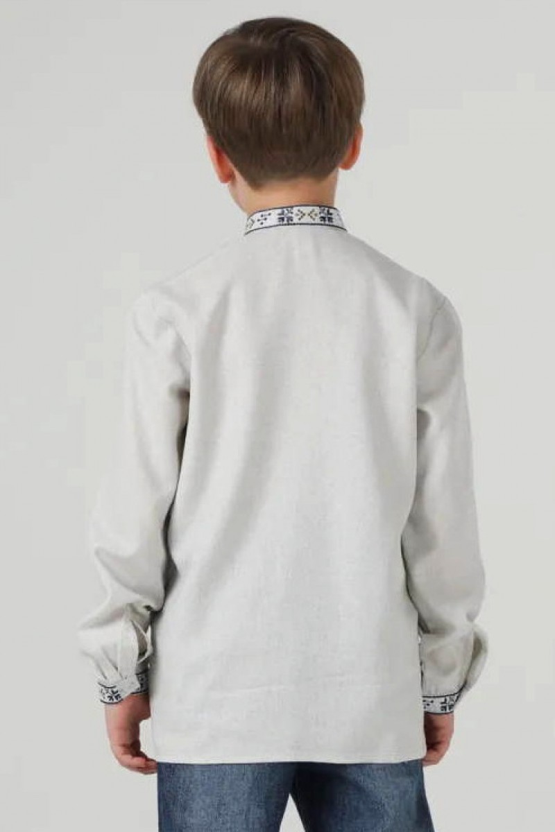 Подолян, вишиванка для хлопчика з сірого льону з синьою вишивкою