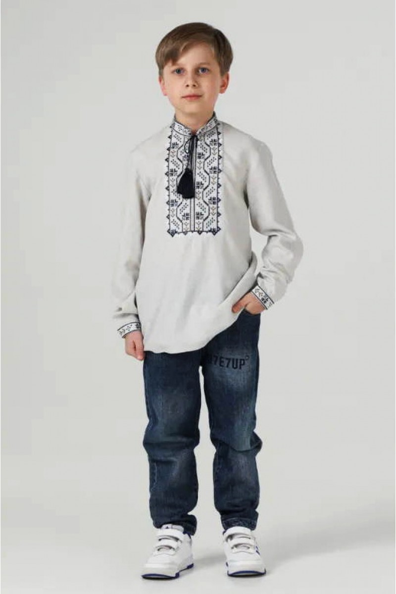 Подолян, вишиванка для хлопчика з сірого льону з синьою вишивкою