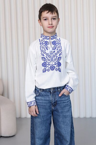 Embroidered shirt for boy Vsevolod white fabric blue embroidery with bright ornament.
