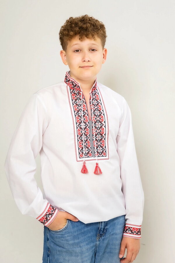 Vyshyvanka for boy Levko white with red
