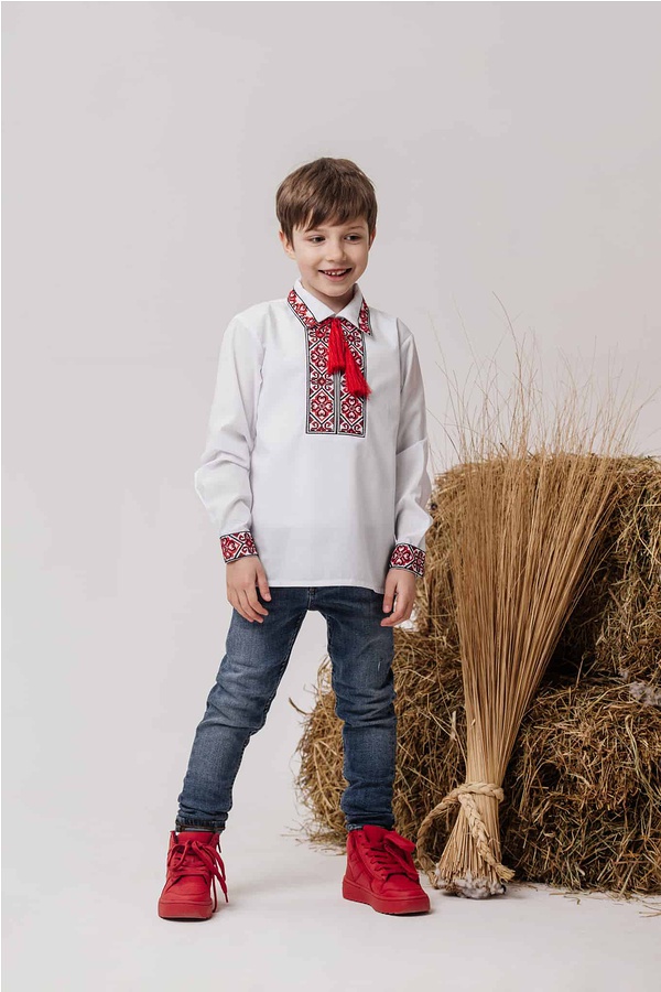 Embroidered shirt for a boy, red embroidery, Stozhari