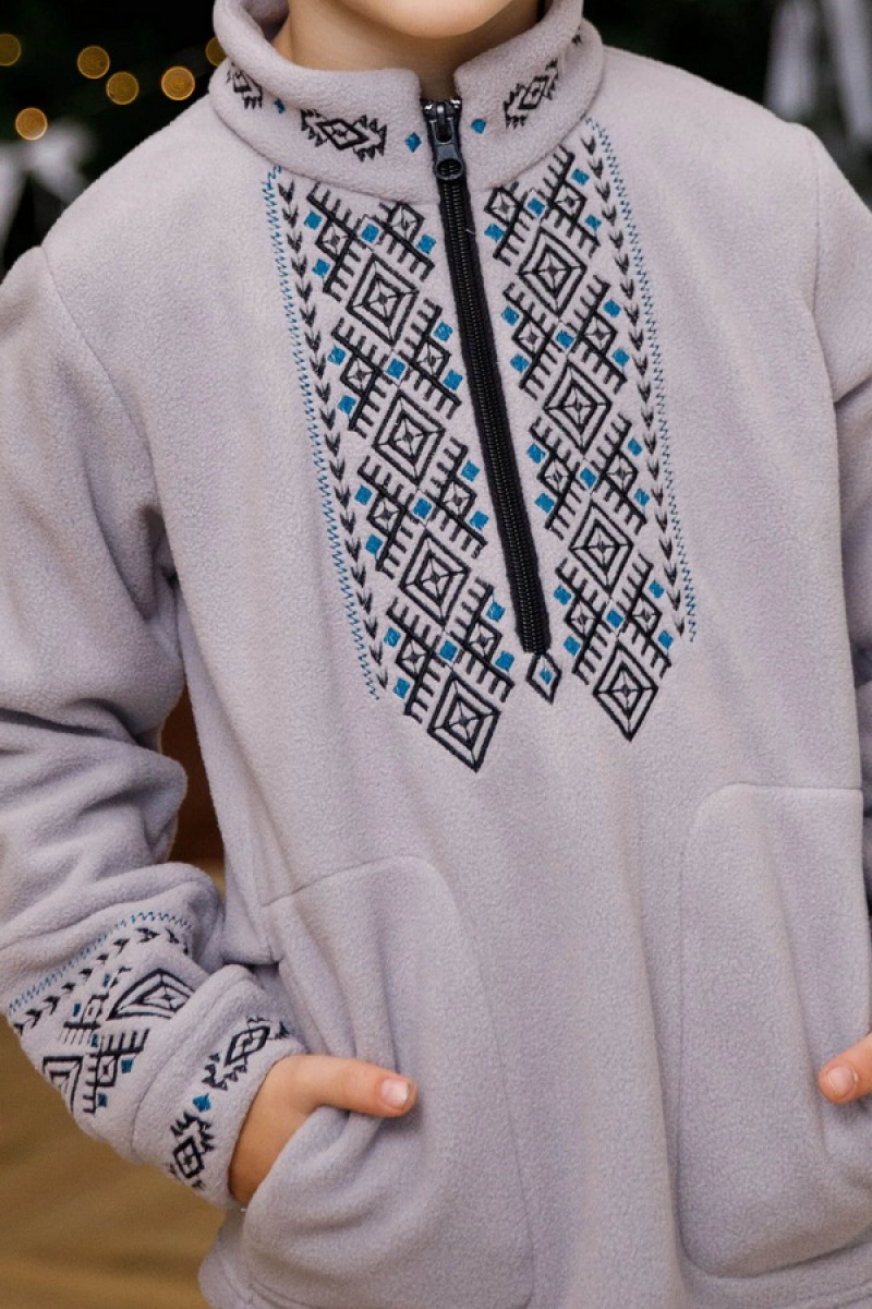 Cвітшот дитячий флісовий сірий з вишивкою Дем'янчи, 104