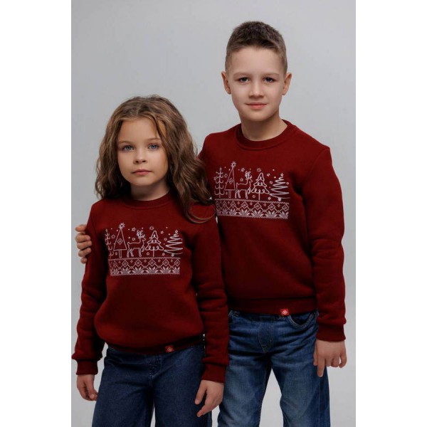 Світшот дитячий вишитий з начісом бордовий Зимовий, 158 Світшот дитячий вишитий з начісом бордовий Зимовий, 158