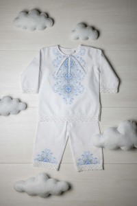 Крещенский костюм для мальчика с голубой вышивкой, размер 68-74