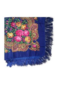 Rose bouquet, blue women's scarf.