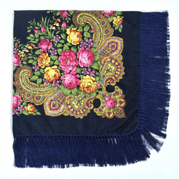 A bouquet of roses, a dark blue women's handkerchief