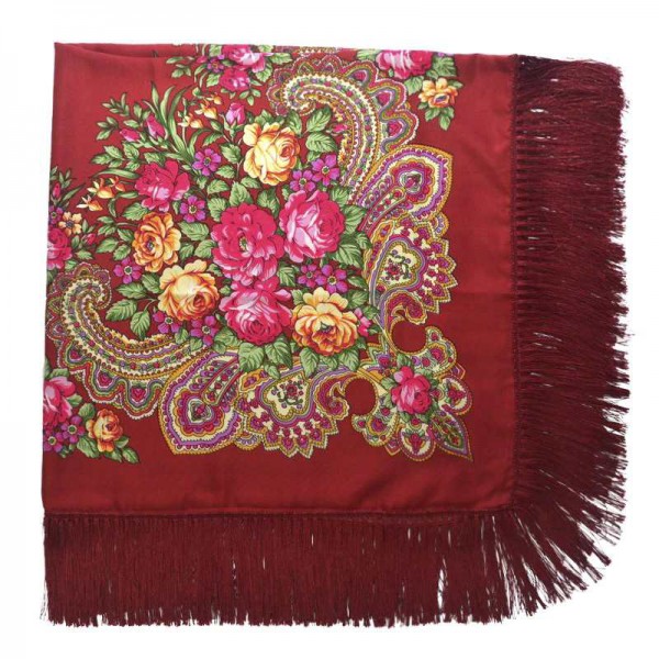 A bouquet of roses, a woman's burgundy handkerchief
