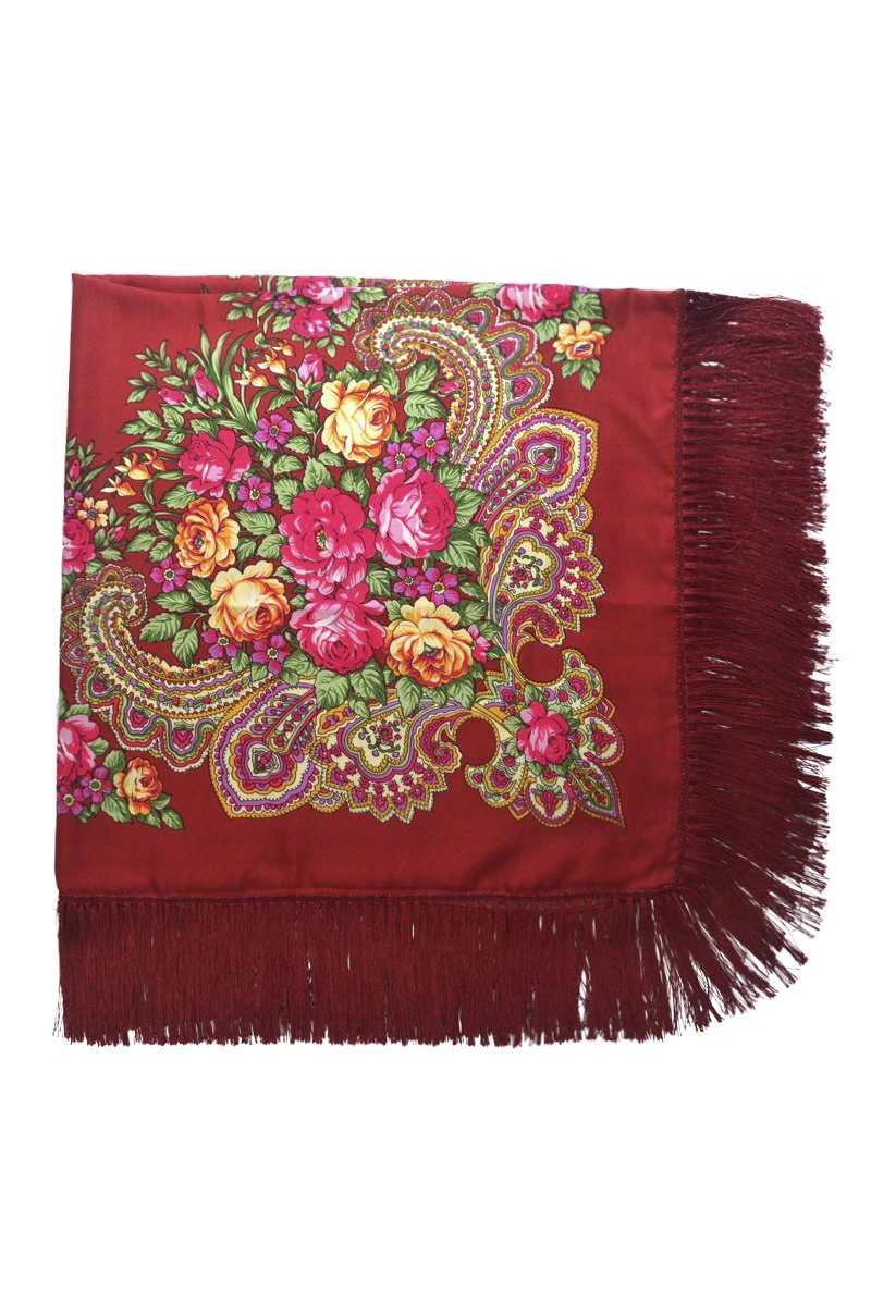 A bouquet of roses, a woman's burgundy handkerchief