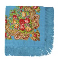 Букет троянд, хустка жіноча  бірюзова, хустка на голову, плечі, квадратна хустка з бахромою 120 см