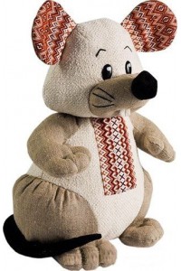 Мишка Левко, іграшка з вишитим геометричним орнаментом,