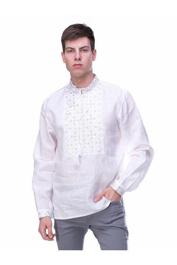 Embroidered men's shirt Bilen white linen with white-gray embroidery, 64
