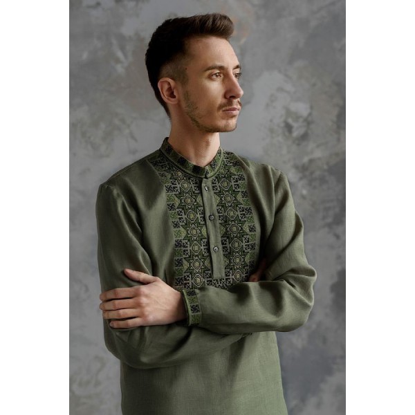 Perunov Tsvit, men's khaki embroidered shirt with long sleeves 42040