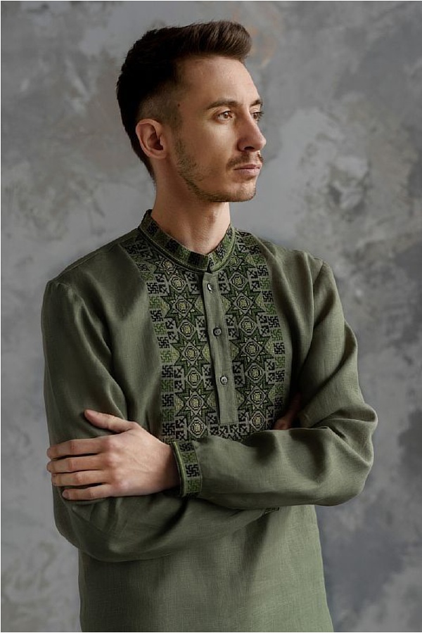 Perunov Tsvit, men's khaki embroidered shirt with long sleeves, 62 (6XL)