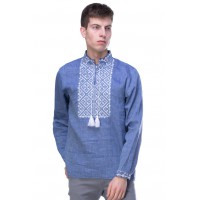 Power lover, blue men's embroidered shirt with white cross embroidery