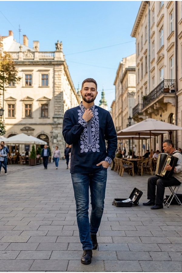 Men's embroidered shirt Vsevolod, dark blue with white, XL