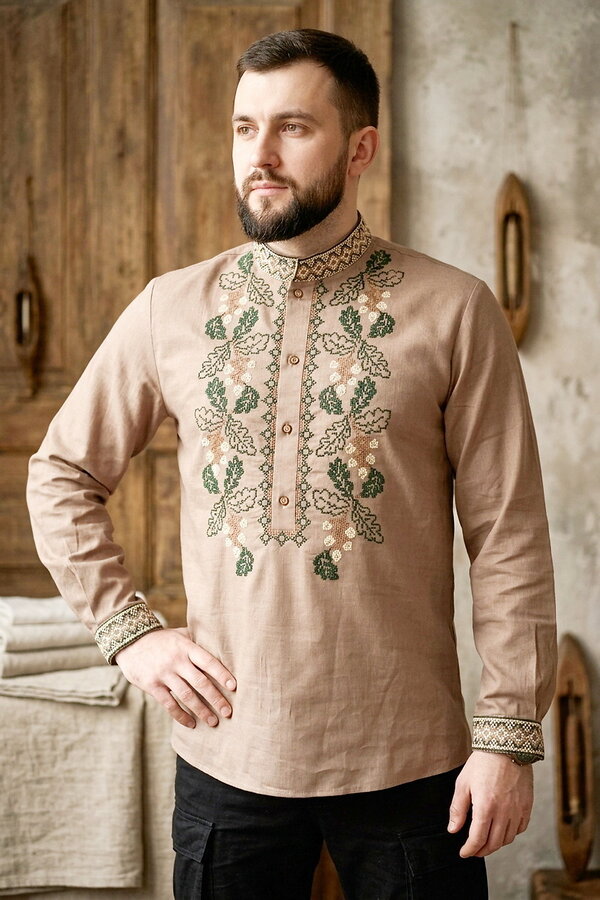 Dibrova men's embroidered shirt with beige cross stitch