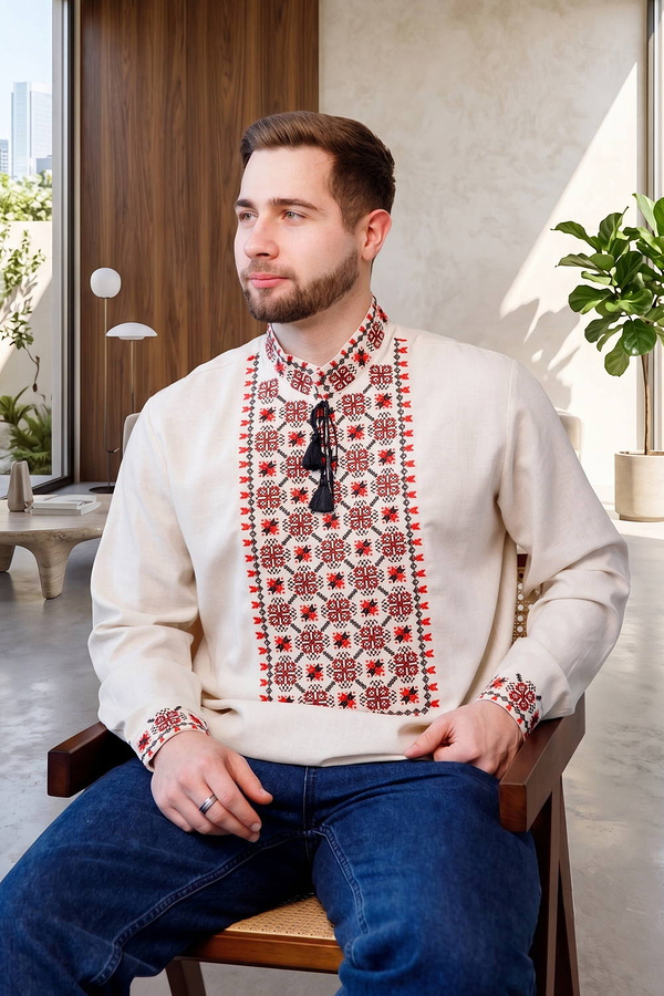 Men's beige melange embroidered vyshyvanka with cross-stitch embroidery "Courage" 