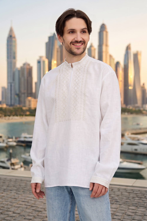 Men’s linen embroidered shirt “Naum” in white with beige embroidery 