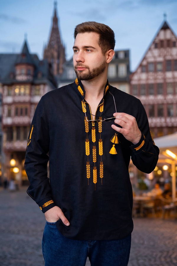Black men's embroidered shirt with embroidered wheat ears "Golden Fields"
