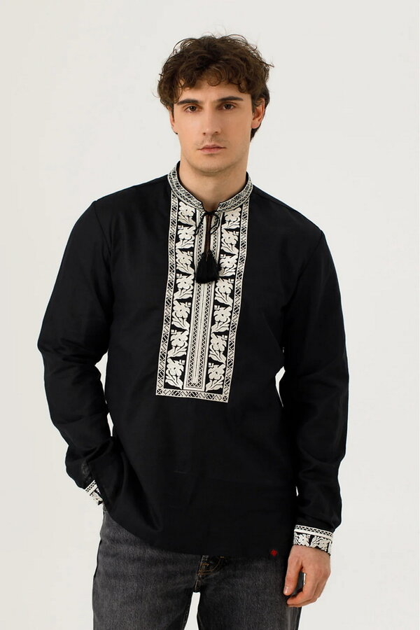 Чоловіча вишиванка з довгим рукавом чорний льон Стефан